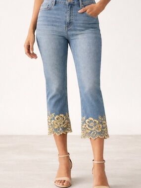 Cato Light Blue Cropped Jeans with Floral Embroidery